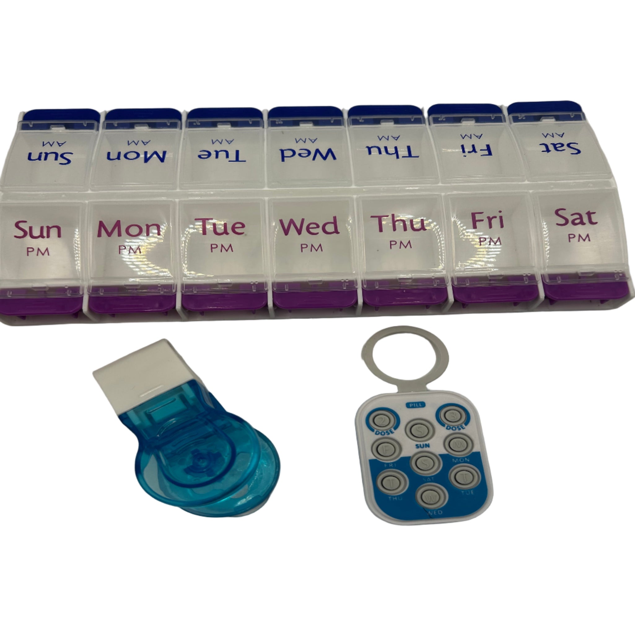 Weekly pill organiser with blue and white pill popper and pill reminder tool on a white background