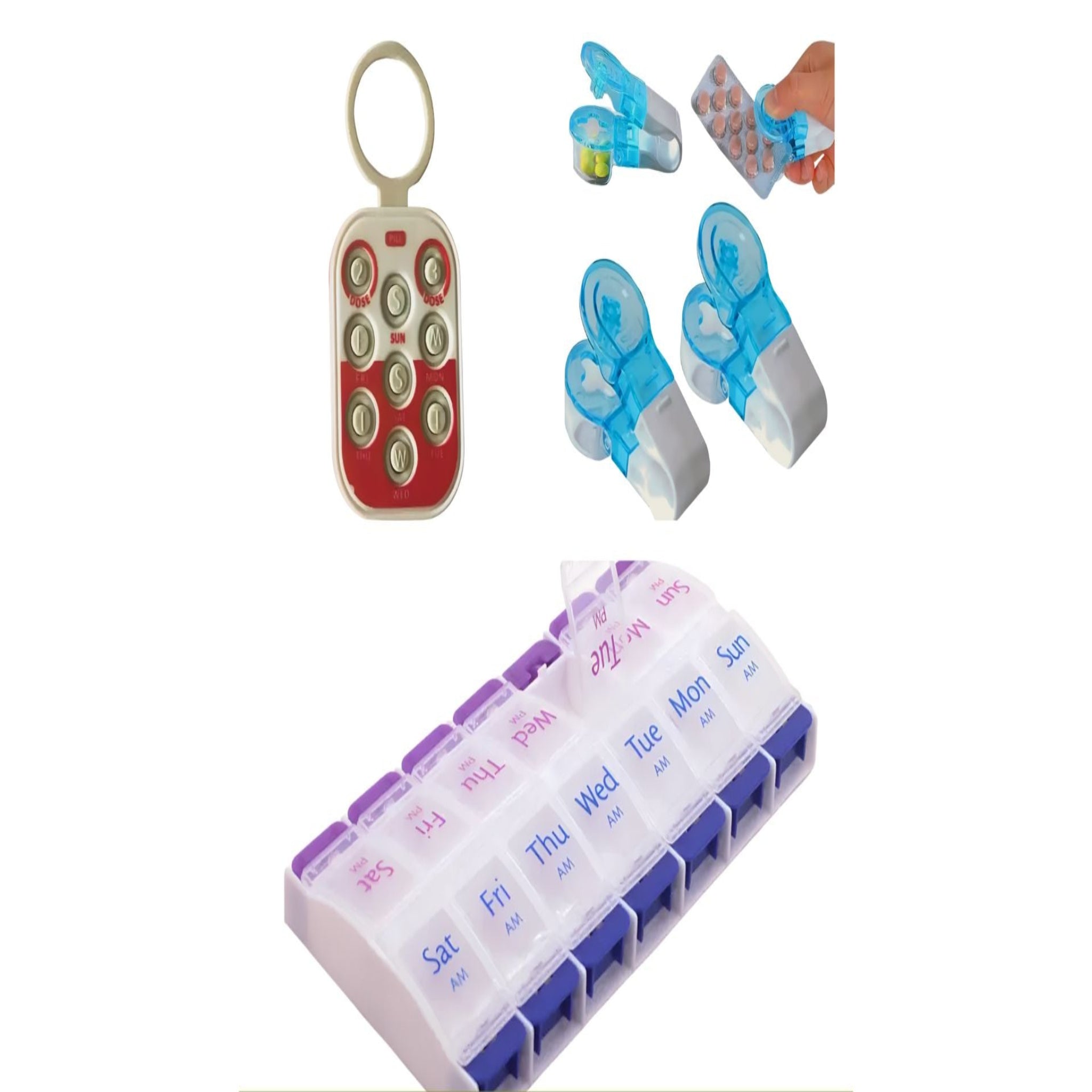 7 Day pill organiser, pill popper and pill reminder tool on a white background
