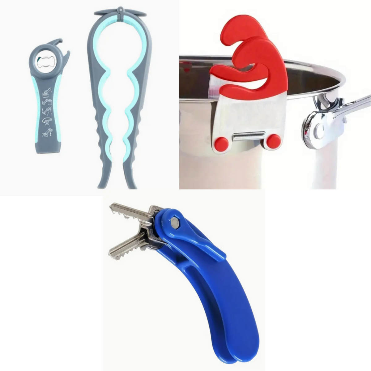 Set of kitchen tools including a bottle opener, tongs, and a pot holder on a white background.