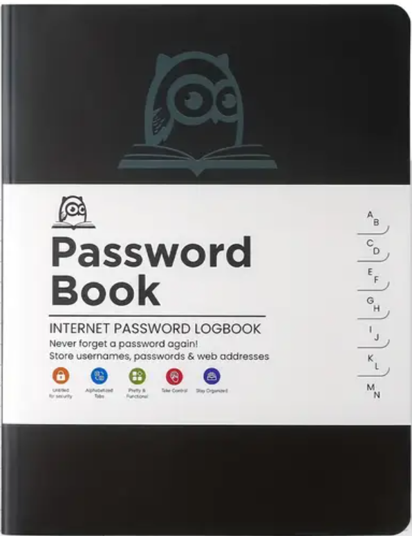 Internet password organiser book with secure storage for digital accounts