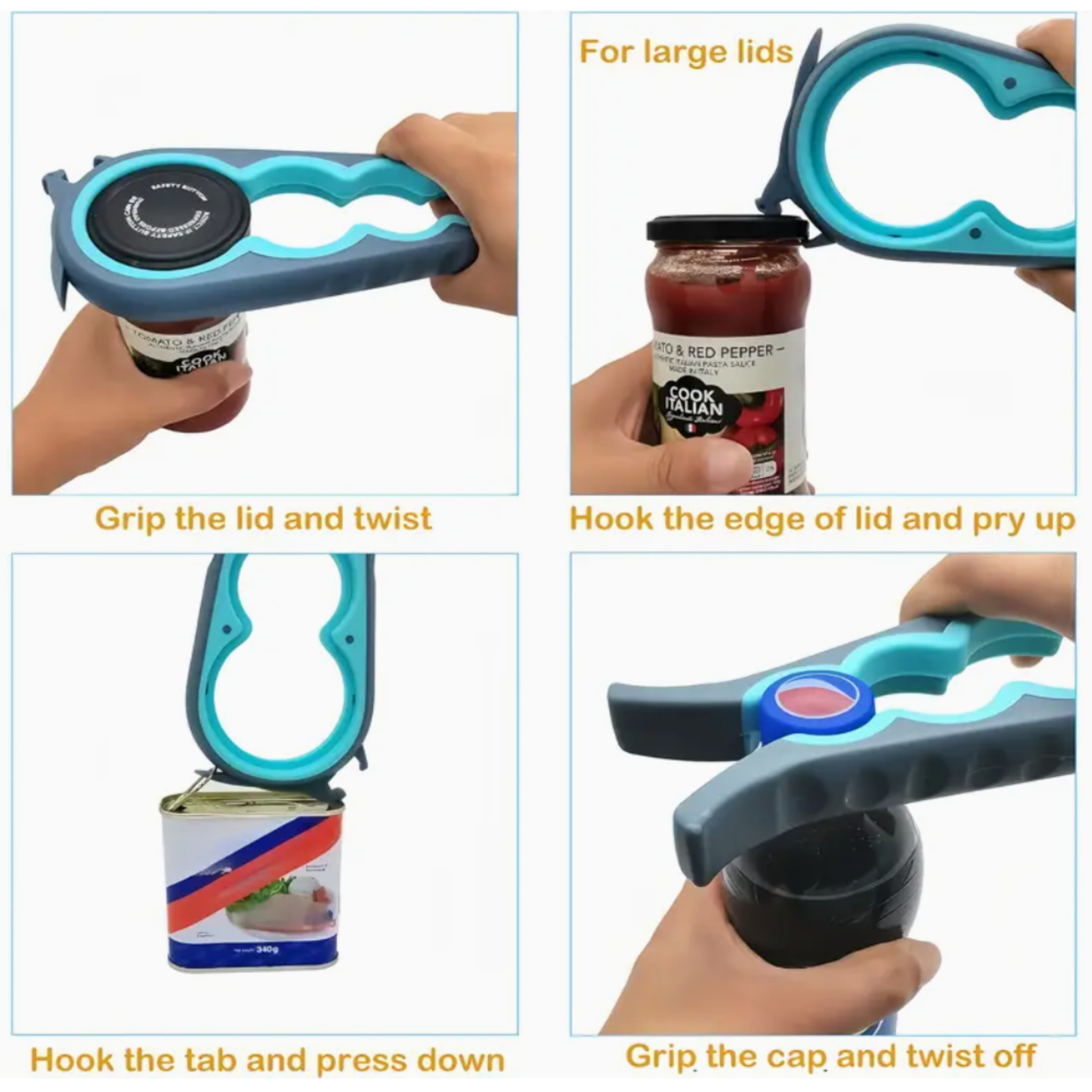 Kitchen jar opener showing multiple grip positions for different jar sizes