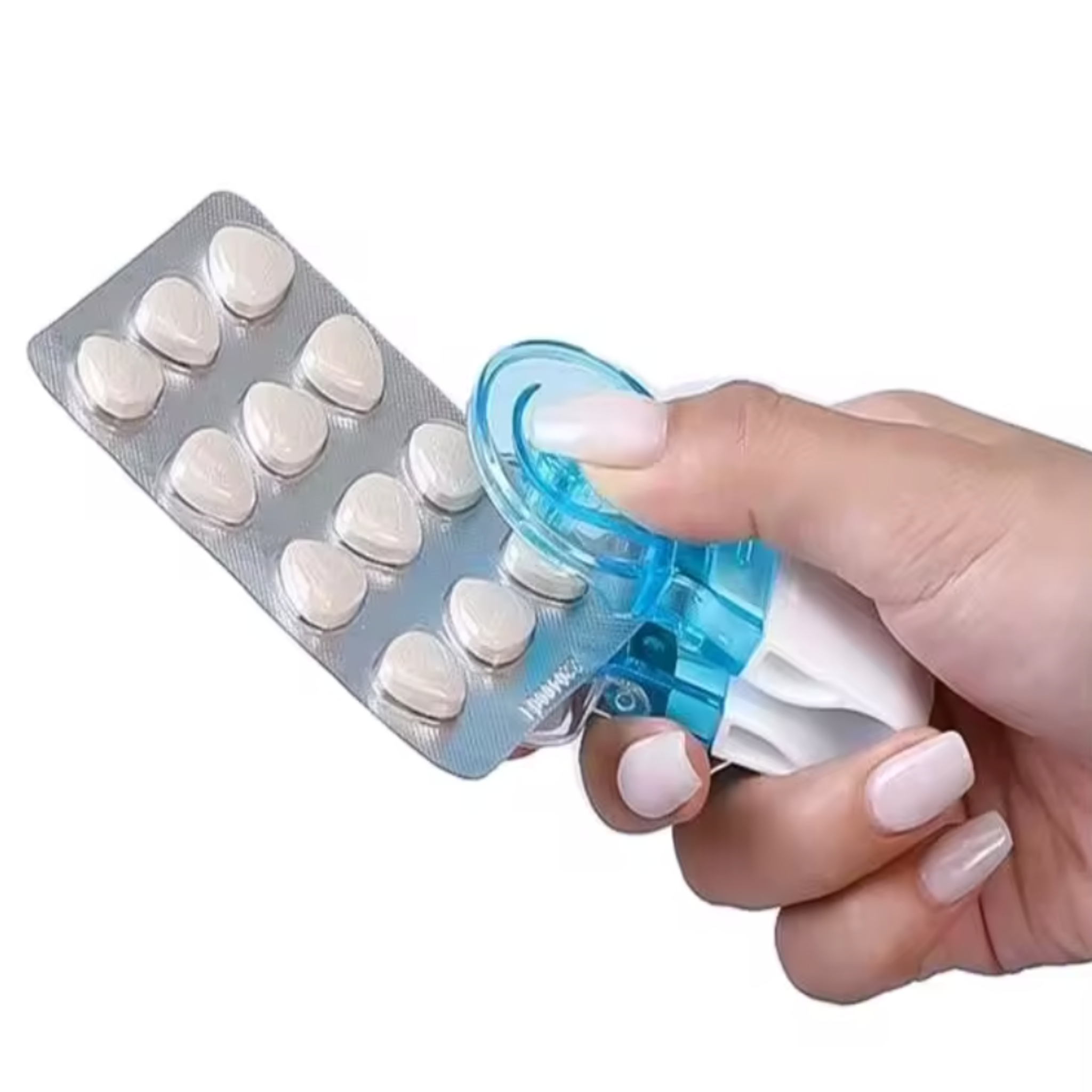Pill popper device showing easy medication extraction from foil packaging