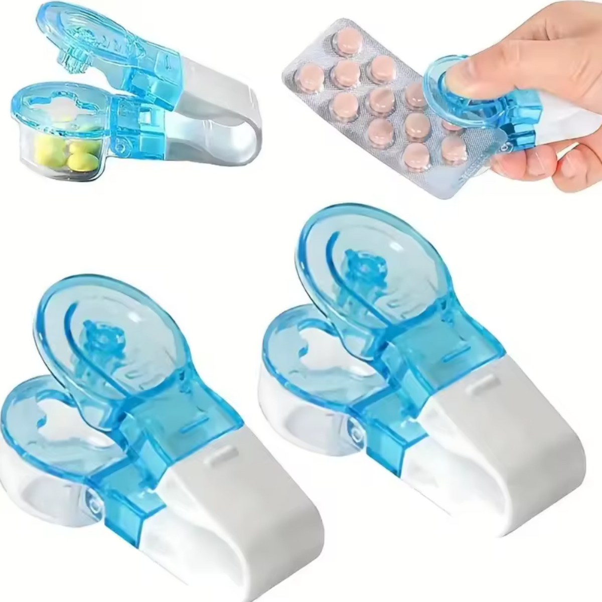 White pill popper tool removing medication from blister pack