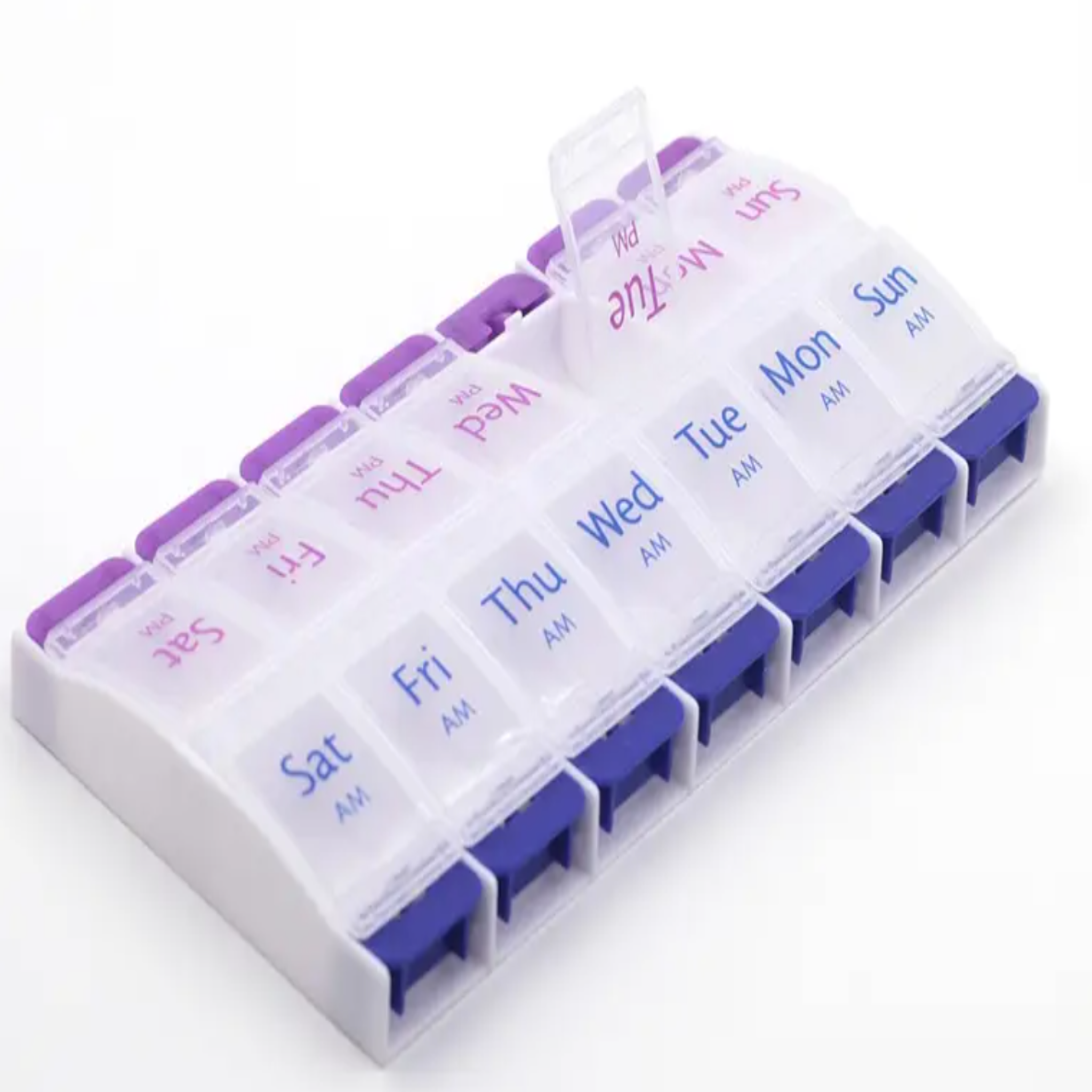 Weekly pill organiser with push-button compartments for easy medication access
