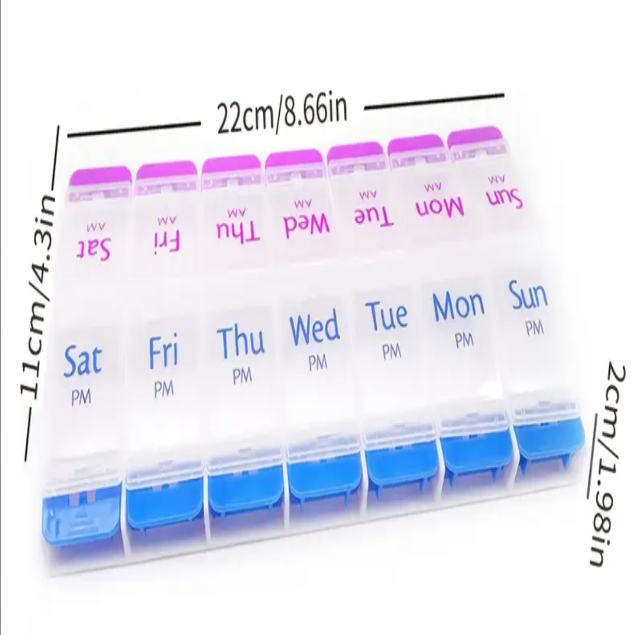Pill dispenser showing daily compartments with large button operation