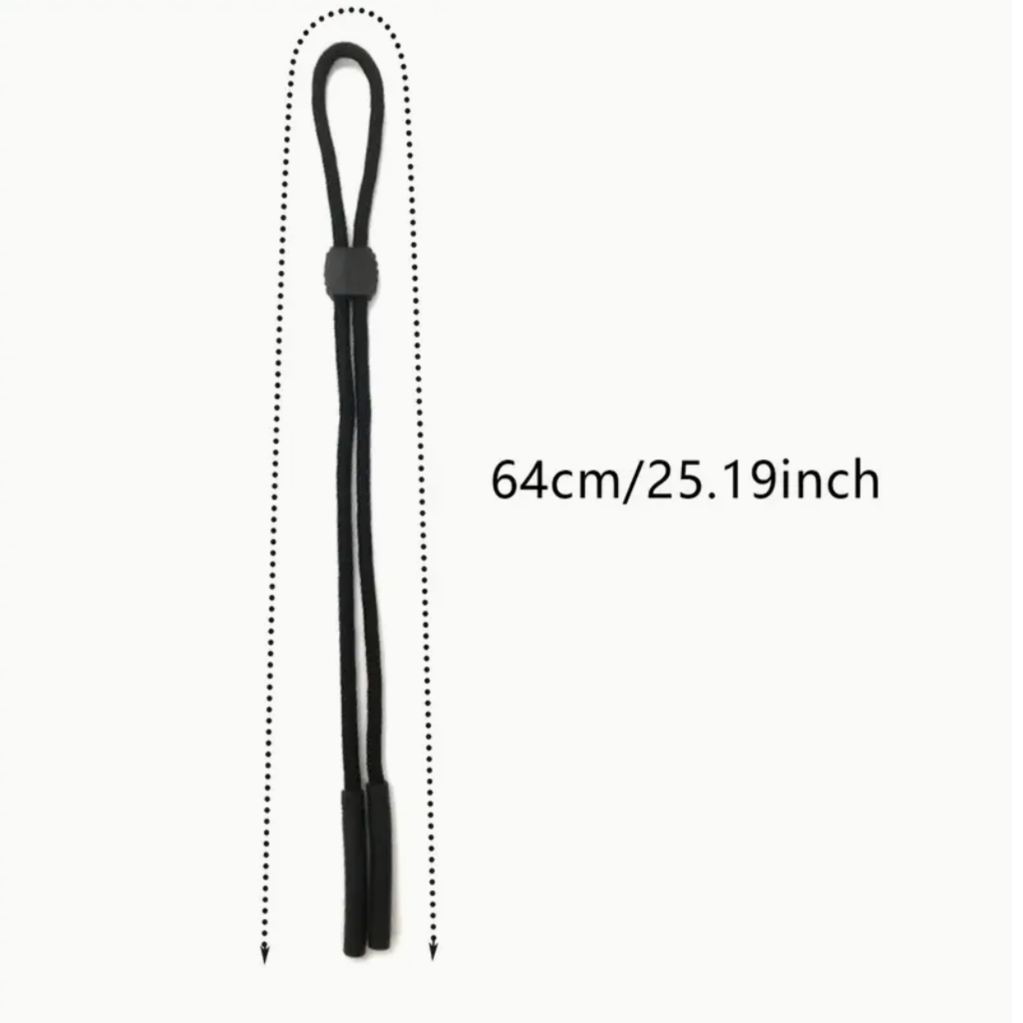 Black lanyard with measurement text on a white background