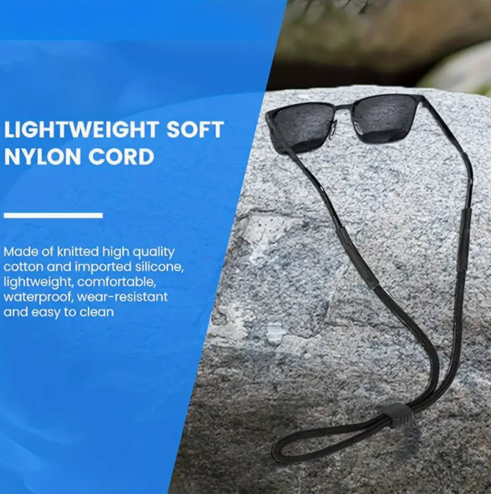 Sunglasses with a black cord on a stone surface, with text about the cord's features.