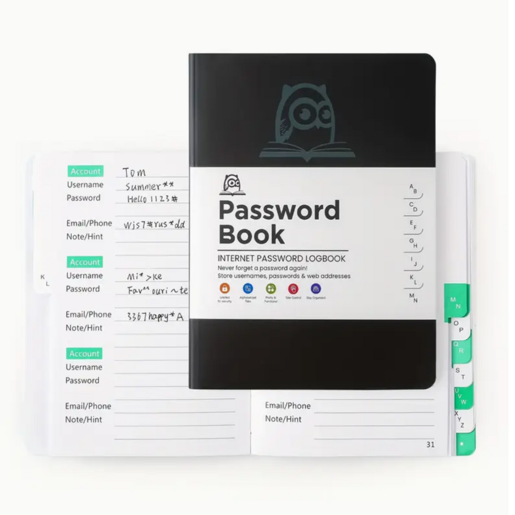 A6 hardcover password book with alphabetical tabs for account organisation