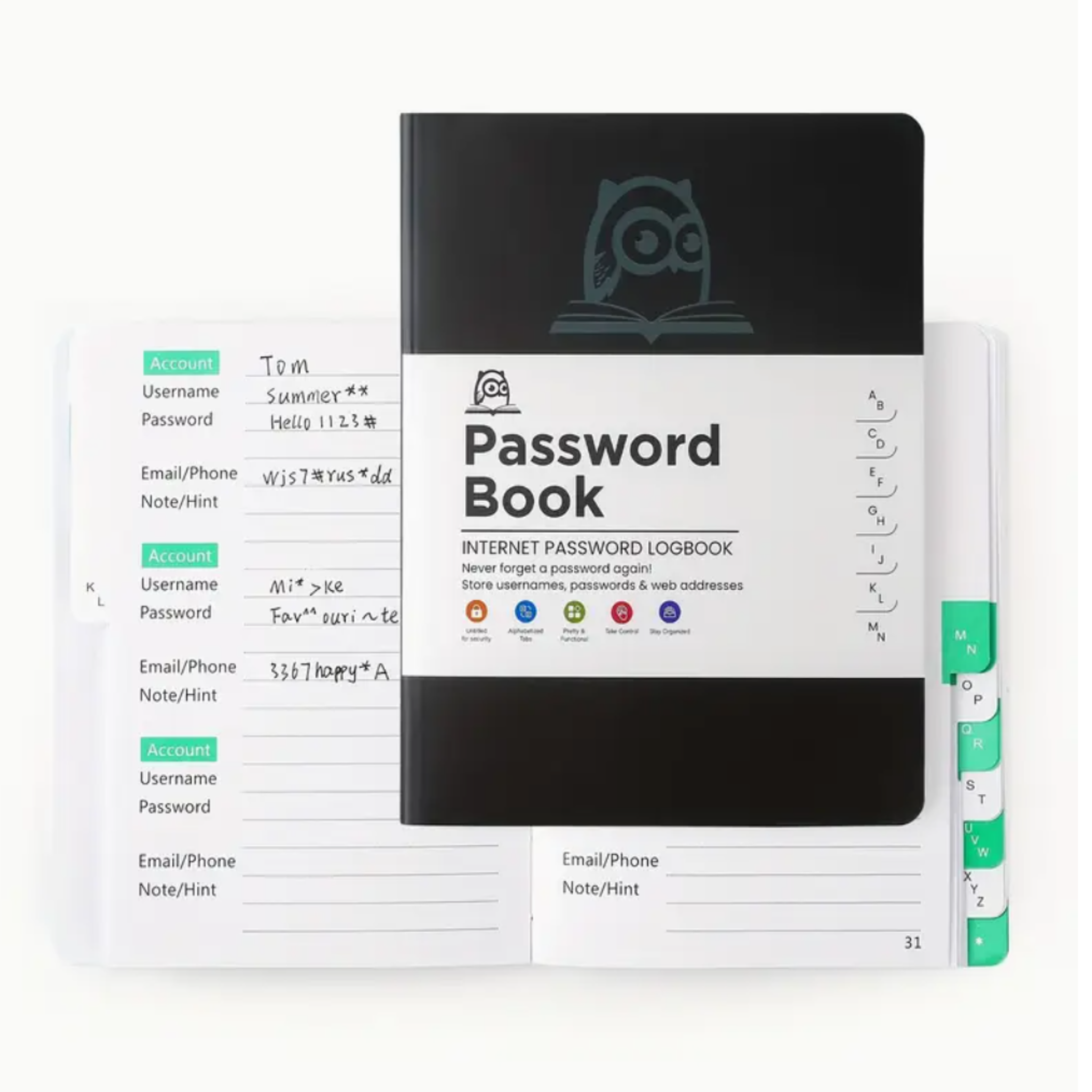A6 hardcover password book with alphabetical tabs for account organisation