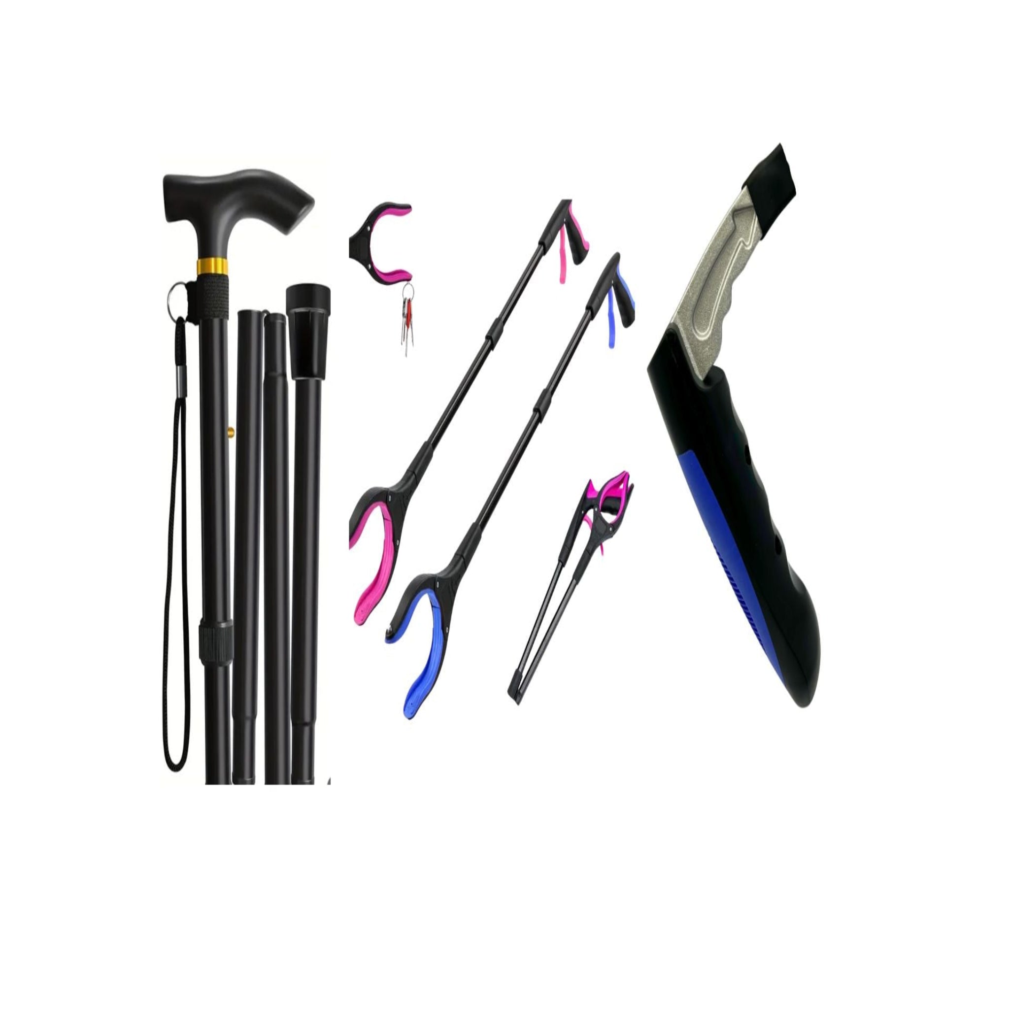 Adjustable walking stick, Reacher/Grabber tool and Car handle Assist tool on a white background