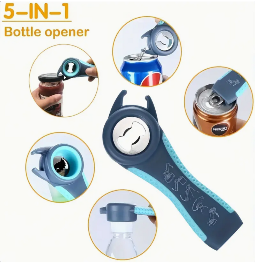 Jar opener demonstrating bottle cap and lid removal functionality