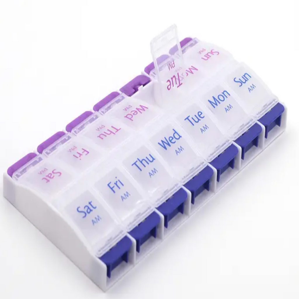 Weekly pill organiser with push-button compartments for easy medication access