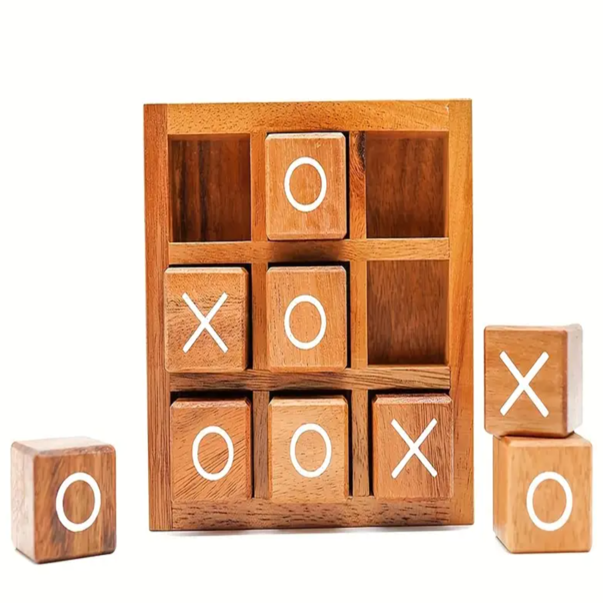 Wooden tic-tac-toe game set with blocks featuring 'X' and 'O' symbols on a white background.